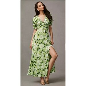 BHLDN x Anthropologie Puff Sleeve Bow Front V-Neck Floral Maxi Dress Green 10